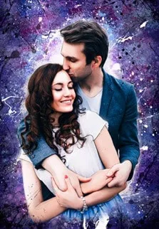 Портрет влюбленной пары в стиле Дрим-Арт на фиолетовом фоне с эффектом брызг, художник Олеся