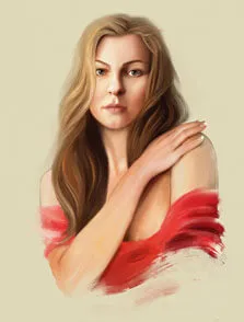 Портрет под сухую кисть светловолосой девушки в красном платье с открытыми плечами, художник Анастасия