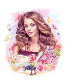 Flower Art портрет девушки на акварельном конфетном фоне
