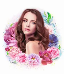 Flower Art портрет девушки с каштановыми волосами в красивых цветах на белом фоне, художник Ольга