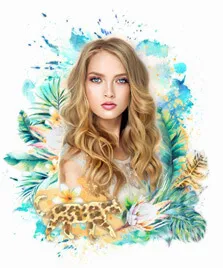Flower Art портрет блондинки на голубом фоне из цветов