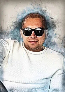 Портрет мужчины в солнцезащитных очках и в белой футболке выполнен в стиле Гранж на белом фоне, художник Ирина