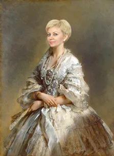 Портрет женщины в образе фрейлины с веером на основе фотомонтажа в известную картину