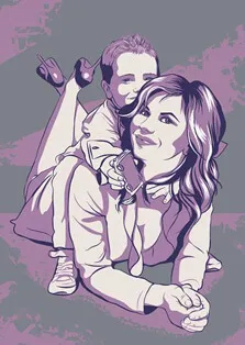 Поп-арт портрет мамы с сыном в стиле Че в серых  фиолетовых и серых цветах, художник Анна