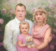 Портрет семьи с ребенком под масло в технике сухая кисть