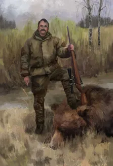 Портрет мужчины-охотника в очках и с усами выполнен под живопись маслом, художника Александра