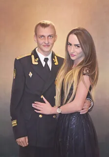 Портрет офицера с девушкой под масло в технике сухая кисть