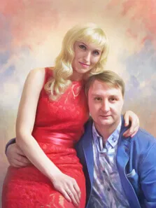 Портрет пары с девушкой в красном платье под живопись маслом