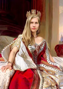 Портрет девушки в образе королевы на основе фотомонтажа в известную картину