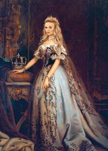 Портрет женщины в образе королевы на основе фотомонтажа в известную картину