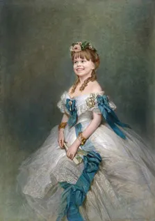 Портрет девочки в образе принцессы с цветами на основе фотомонтажа в известную картину