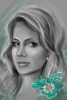 Портрет женщины карандашом с зеленым цветком