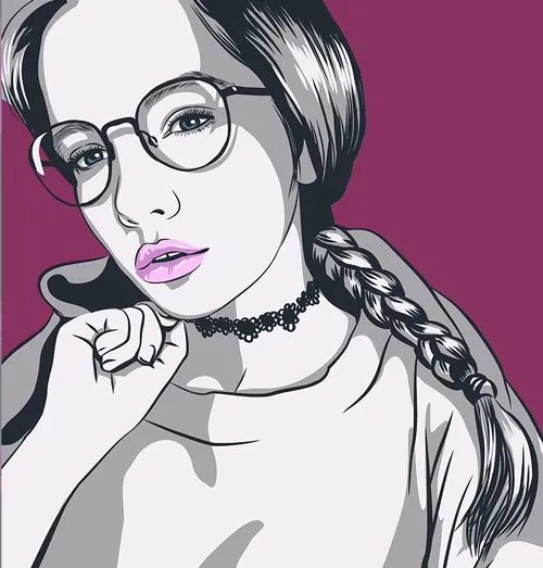 Пример поп-арт картины в стиле Че девушки в очках и яркими губами на фиолетовом фоне