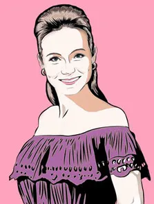 Пример поп-арт портрета в стиле Че улыбающейся шатенки с длинными волосами на розовом фоне
