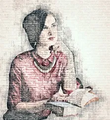 Портрет из слов девушки в красном платье, девушка сидит за столом и читает книгу, художник Анна