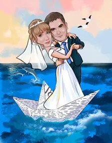 Свадебный портрет в стиле шарж: молодожёны плывут по морю стоя на бумажном кораблике, художник Олеся