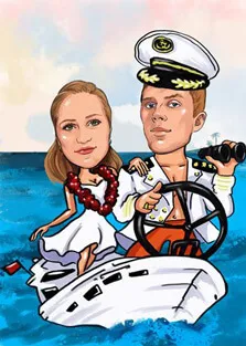 Свадебный шарж портрет, молодой человек и девушка плывут по морю на корабле, художник Олеся