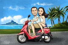 Парный портрет в стиле шарж: девушка и молодой человек на красном скутере едут вдоль моря, художник Олеся