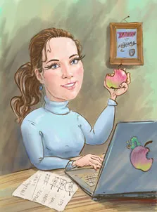 Портрет русоволосой девушки с голубыми глазами, девушка сидит возле ноутбука и держит в руках надкусанное яблоко, художник Алексей, стиль шарж