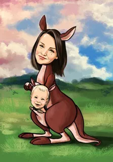 Шарж женщины с ребенком в образе кенгуру