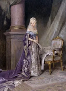 Портрет девушки в образе королевы с веером на основе фотомонтажа в известную картину