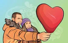 Векторный портрет пары с воздушным шариком в виде сердца в стиле Комикс