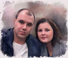 Портрет пары с прорисовкой в стиле акварель на нейтральном фоне, художник Максим