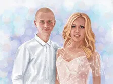 Свадебный портрет молодой пары на светлом фоне: девушка блондинка в белом плате с открытыми плечами и молодой человек в белой рубашке, художник Александра