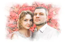 Акварельный портрет молодой пары на розовом фоне, художник Алексей