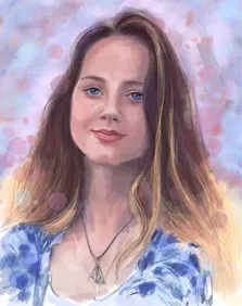 Акварельный портрет девушки c голубыми глазами и длинными волосами