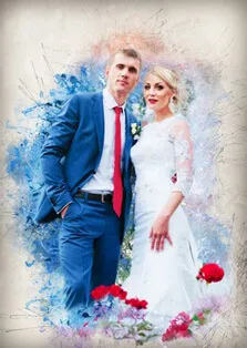 Свадебный акварельный портрет пары с красными цветами
