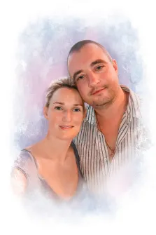 Парный портрет в стиле акварель, мужчина в расстёгнутой рубашке в полоску и женщина тёмной майке, художник Евгения 