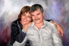Парный портрет маслом, кареглазый мужчина с усами и в белой классической рубашке и русоволосая женщина с голубыми глазами и в чёрном пиджаке, художник Александра 