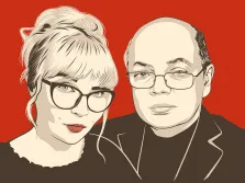 Поп-арт, художник Ольга, парный портрет на красном фоне мужа и жены с разных фото