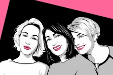 Поп-арт, художник Ольга, портрет трех подруг на розовом фоне с розовыми губами