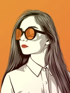 Поп-арт, художник Ольга, портрет девушки с длинными волосами в оранжевых очках на оранжевом фоне