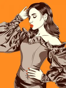 Поп-арт в стиле ЧЕ молодой девушки с длинными волосами, красными губами и красным маникюром. Девушка в изящном бежевом платье на оранжевом фоне. Художник Олеся.