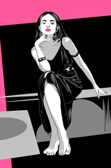 Женский портрет в стиле поп-арт. Монохромный векторный портрет сидящей девушки в длинном тёмном платье и длинными тёмными волосами с ярко малиновыми губами на малиновом фоне. Автор - Олеся