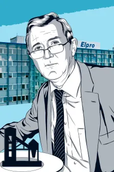 Мужской портрет в стиле поп-арт, мужчина в очках и в классическом костюме, на фоне здание с логотипом компании Elpro, художник Олеся 