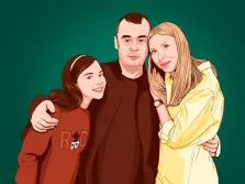 Семейный Поп-арт портрет: мужчина обнимает жену и дочь, семья изображена на зелёном фоне, художник Анастасия 