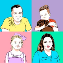 Семейный портрет в стиле Поп-арт из четырёх человек, мужчина, женщина и девочка с мальчиком, художник Олеся 