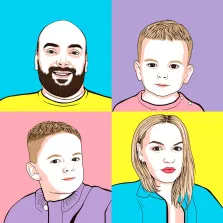 Семейный портрет в стиле Поп-арт из четырёх человек, лысый мужчина с бородой, два мальчика и женщина, художник Анастасия 