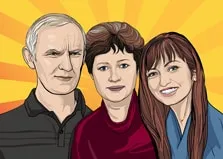 Поп-арт портрет семьи из трёх человек: отец, мать и взрослая дочка на жёлтом фоне, художник Александра