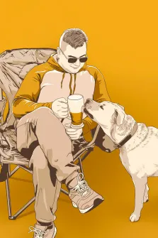 Мужской Поп-арт портрет с собакой, картина в жёлтых тонах, художник Анастасия 