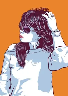 Pop art портрет в стиле Че брюнетки в очках с длинными волосами и красными губами на оранжевом фоне