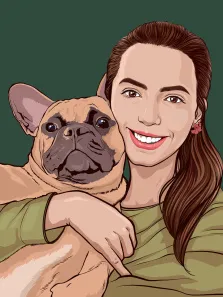 Портрет девушки с собакой породы "Французский бульдог" выполнен в стиле Поп-арт на зелёном фоне, художник Александра 