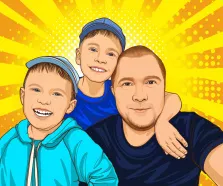 Семейный Поп-арт портрет: отец с двумя сыновьями на жёлтом фоне, художник Олеся 