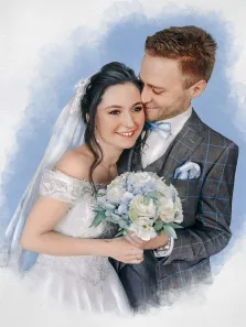 Акварель, художник Татьяна, парный свадебный портрет на голубом фоне