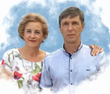 Акварель, художник Татьяна, солнечный парный портрет мужа и жены на голубом фоне 