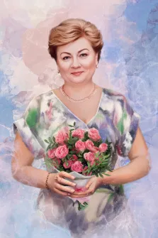 Акварель, художник Александра, портрет женщины с букетом цветов, подарок на юбилей